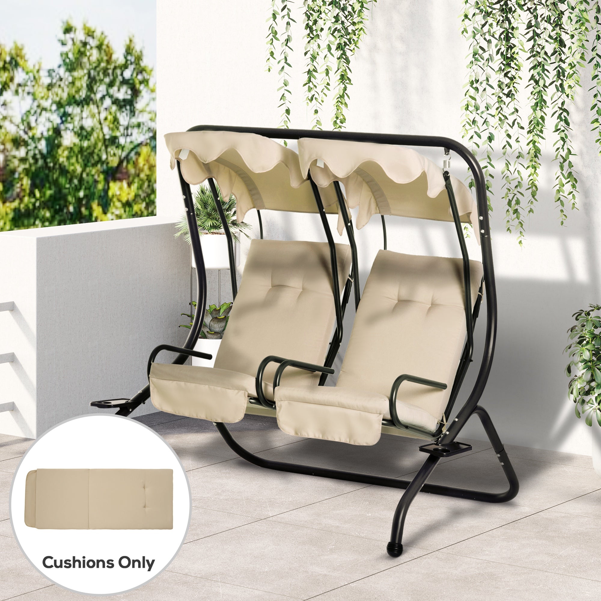 84A-052 Series Outdoor Porch Swing Cushions With Seat & Tufted Back, Backrest Ties, Set Of 2 Replacement Cushions For Patio Furniture, Beige