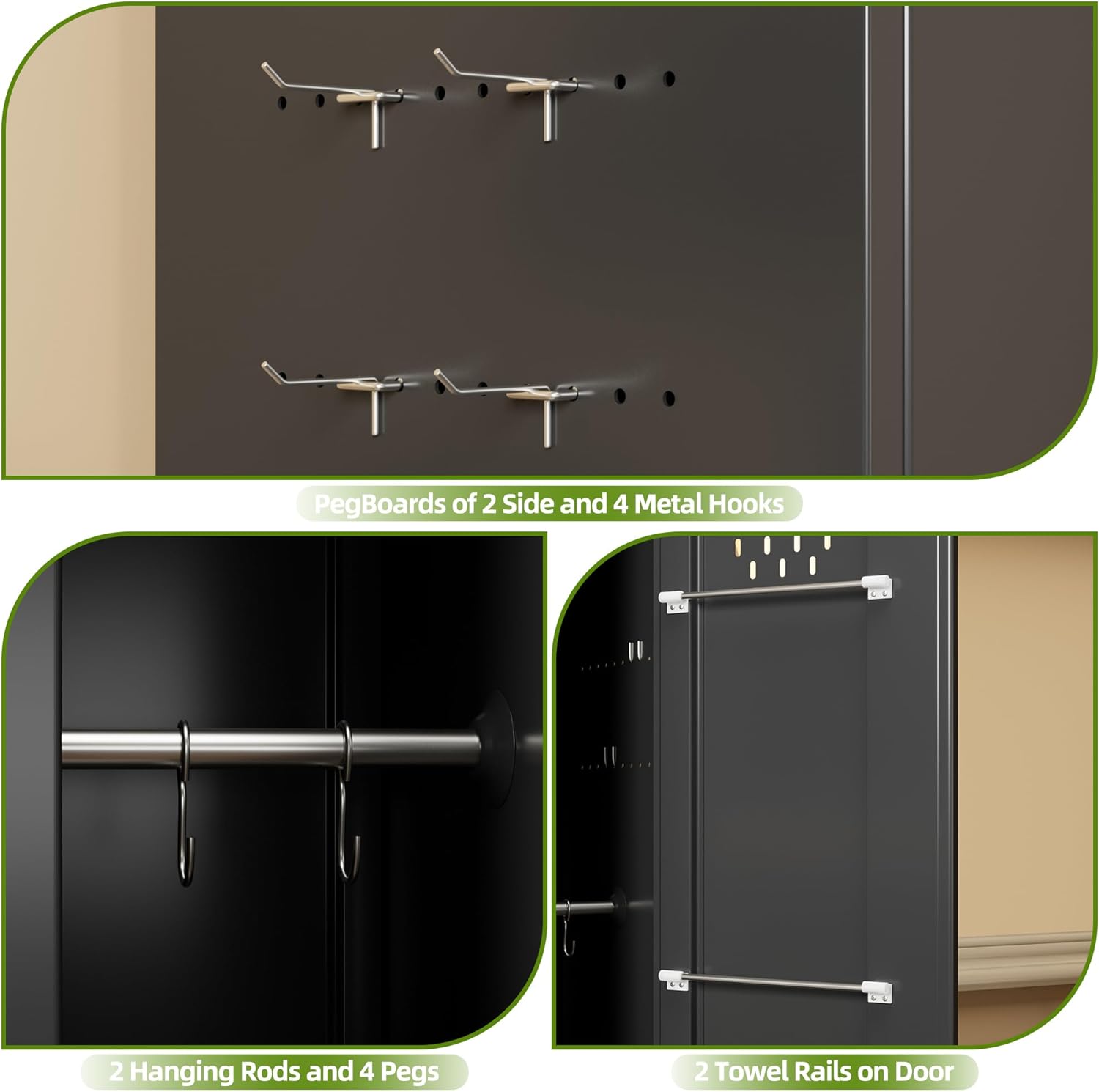 Aobabo Lockable Storage Cabinet With Wheels, Metal Cleaning Tool Cabinet With Hooks, Cleaning Supplies For Broom Rack Shelf For Broom Mops Garage Storage, Black, Assembly Required