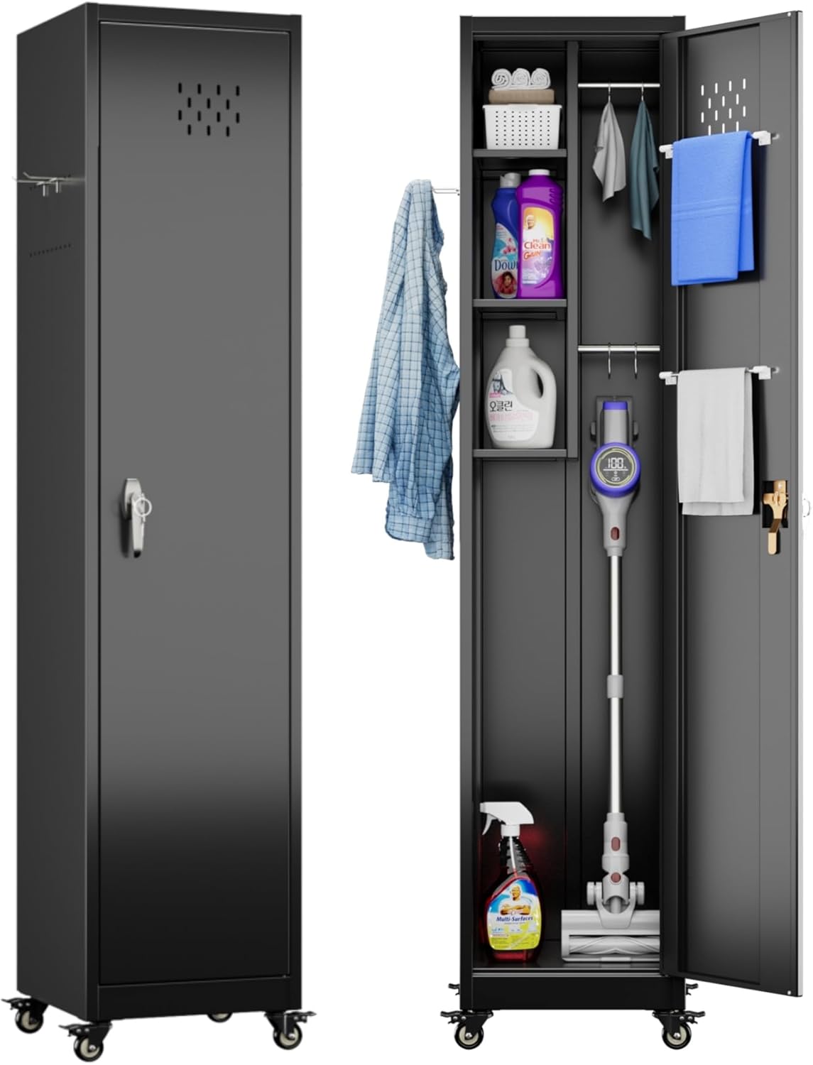 Aobabo Lockable Storage Cabinet With Wheels, Metal Cleaning Tool Cabinet With Hooks, Cleaning Supplies For Broom Rack Shelf For Broom Mops Garage Storage, Black, Assembly Required
