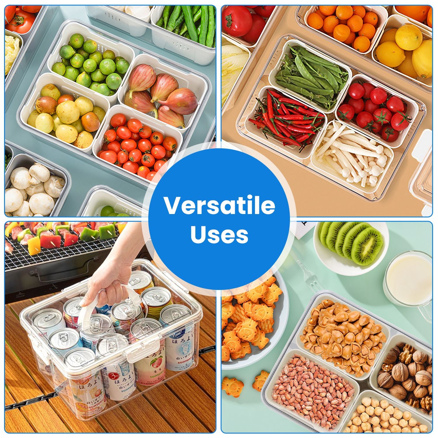 2Pack Airtight Fruit Storage Containers 4 Compartment Food Storage Containers Fruit Vegetable Organizers With 8 Removable Colanders For Fridge Picnic