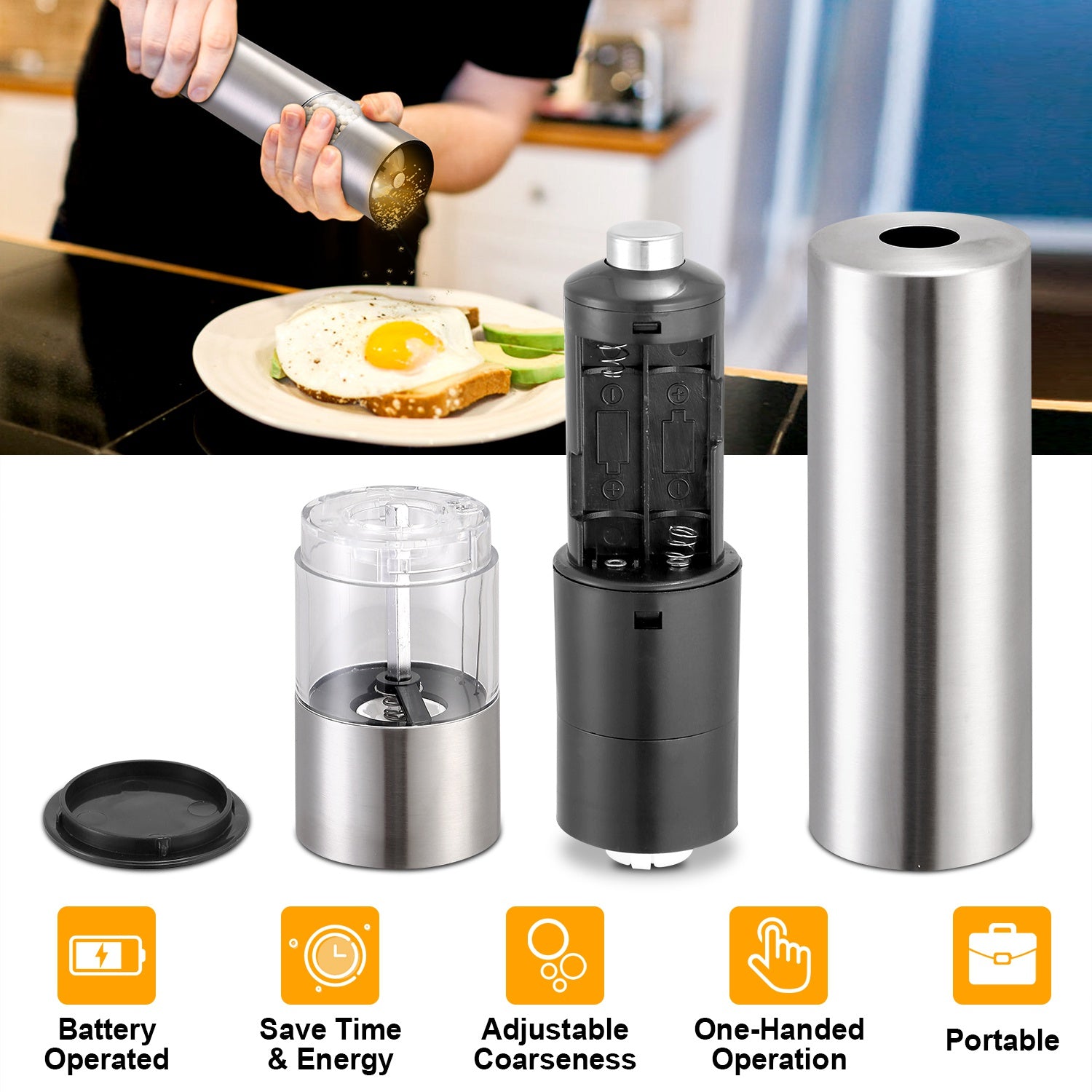 1Pc Electric Salt Pepper Grinder With Light Adjustable Coarseness Stainless Steel Salt Pepper Shaker Battery Operated Pepper Grinder Mill Easy Refill And Clean For Kitchen Preparing
