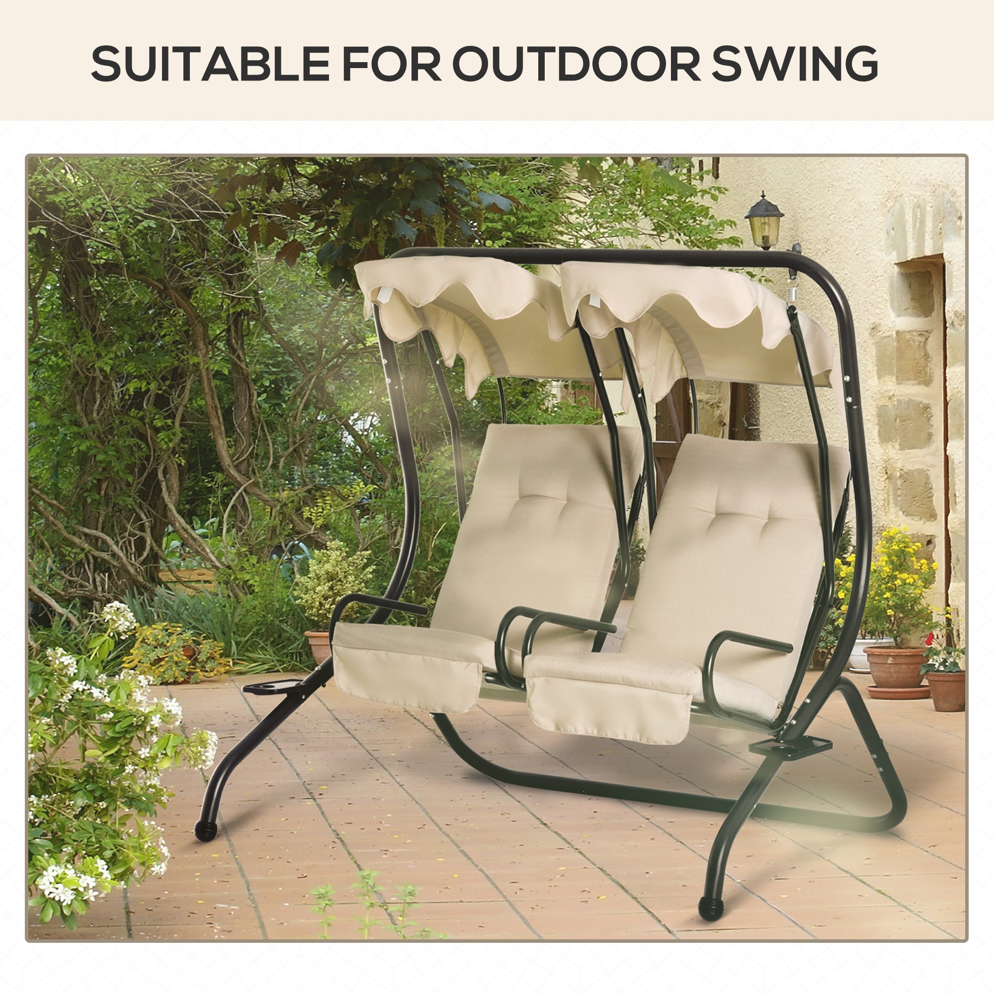 84A-052 Series Outdoor Porch Swing Cushions With Seat & Tufted Back, Backrest Ties, Set Of 2 Replacement Cushions For Patio Furniture, Beige